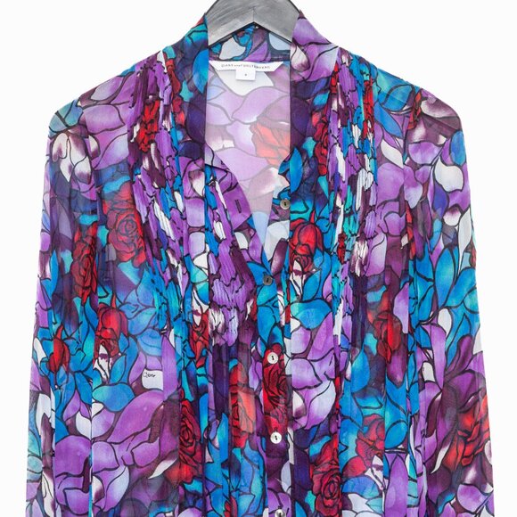 🌹 Diane von Furstenberg Stained Glass Floral Rose Silk Blouse - Purple Blue Red - Picture 4 of 13